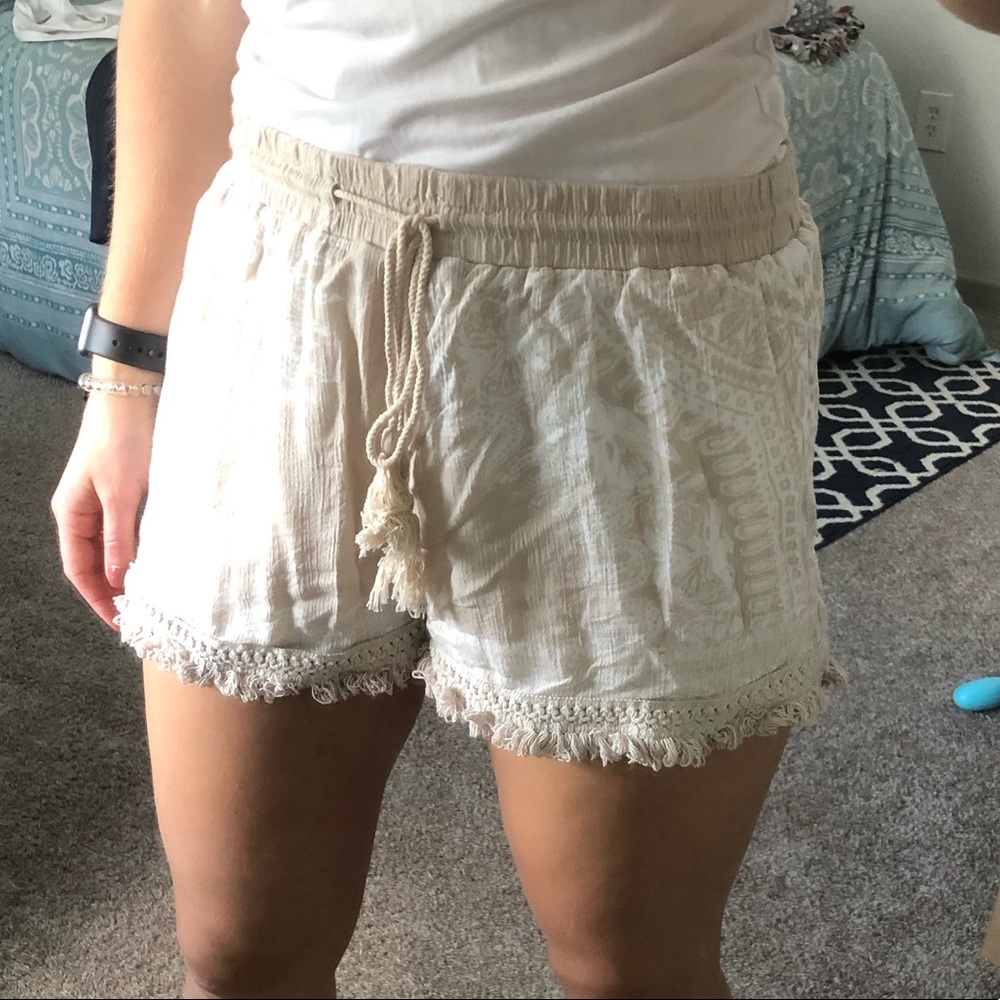 Beige and White Printed Tie Shorts
